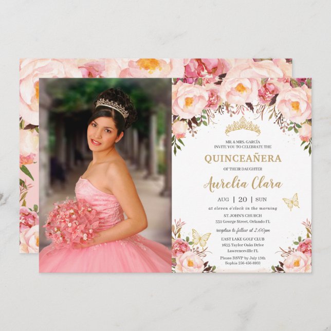 Quinceañera Soft Blush Floral Gold Tiara Butterfly Invitation (Front/Back)
