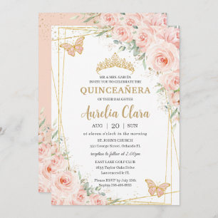 Quinceañera Soft Blush Floral Roses Butterflies Invitation