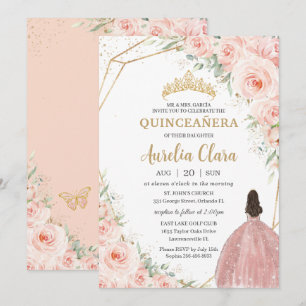 Quinceañera Soft Blush Floral Roses Flowers Crown Invitation
