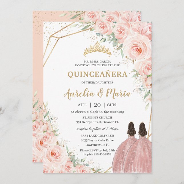 Quinceañera Soft Blush Floral Roses Flowers Twins Invitation (Front/Back)
