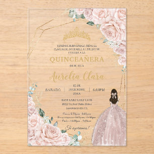 Quinceañera Soft Blush Pink Roses Floral 15 Años Acrylic Invitations