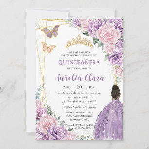 Quinceañera Soft Purple Pink Floral Brown Princess Invitation