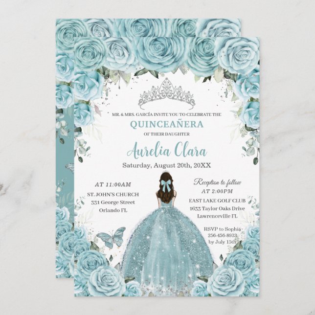 Quinceañera Soft Turquoise Floral Silver Crown Invitation (Front/Back)