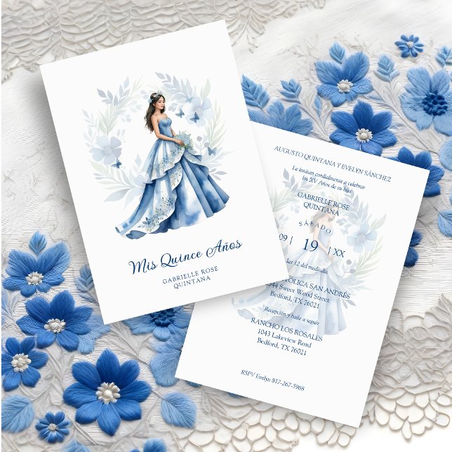 Quinceañera Sophisticated Blue Floral Garland Invitation (Spanish Quinceañera Sophisticated Blue Wreath Garland and Exquisite Doll in Blue Invitation Card.)