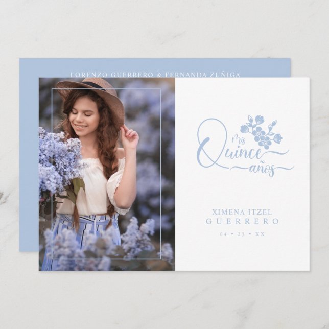 Quinceañera Spanish Blue Floral Wreath Photo Invitation (Front/Back)