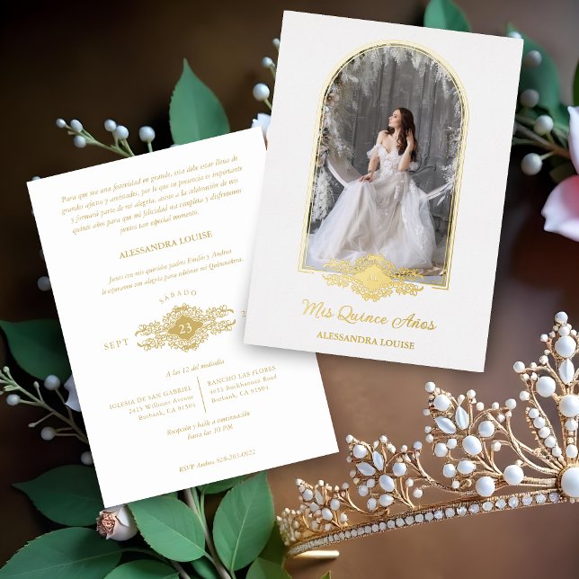 Quinceañera Spanish Fancy Golden Arch Effect Photo (Quinceañera Spanish Fancy Golden Arch Effect Photo Metallic Foil Invitation Cards.)