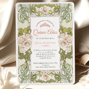 Quinceañera Spanish Sage Green Rose Pink Invitation