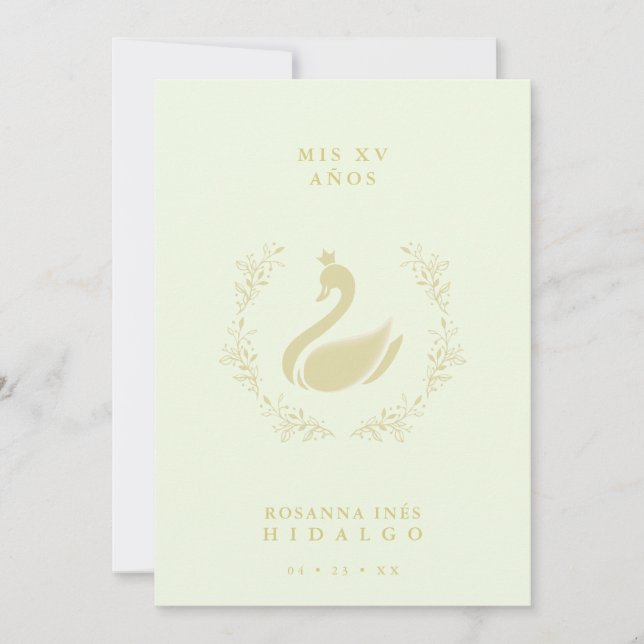Quinceañera Spanish Yellow & Gold Romantic Swan Invitation (Front)