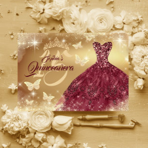 Quinceanera Sparkle Gold Burgundy Dress Invitation