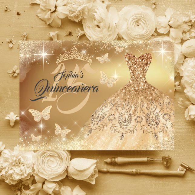 Quinceanera Sparkle Gold Butterfly Dress  Invitation (Creator Uploaded)