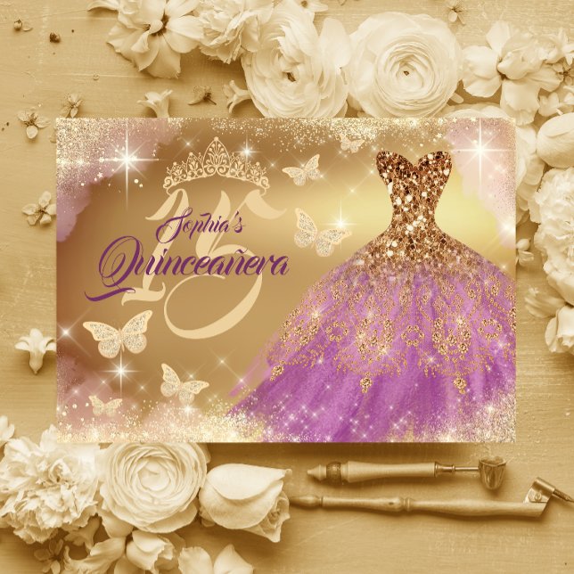 Quinceanera Sparkle Gold Purple Dress  Invitation (Creator Uploaded)