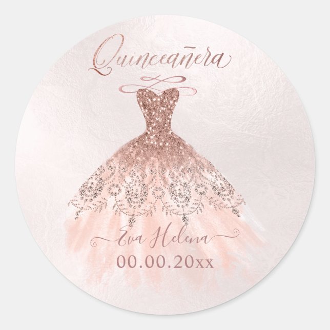 Quinceañera , Sparkle Gown, Faux Rose Gold Classic Round Sticker (Front)