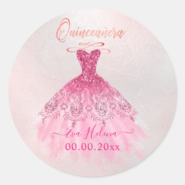 Quinceañera , Sparkle Gown, Ombre Pink Cherry Classic Round Sticker (Front)