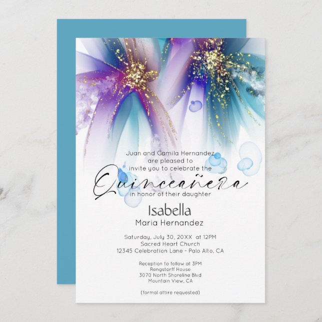 Quinceanera | Striking Teal Purple Abstract Invitation (Front/Back)