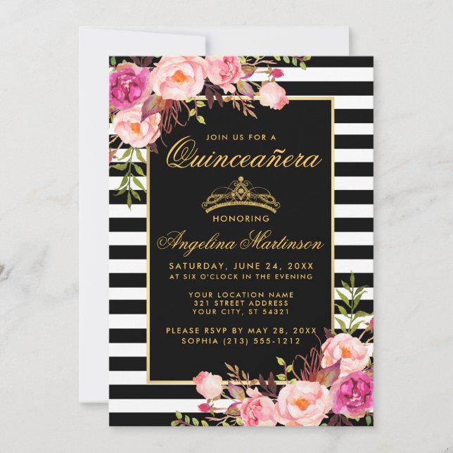 Quinceanera Striped Pink Floral Gold Crown Invite (Front)