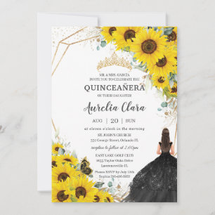 Quinceañera Sunflower Floral Gold Black Dress Invitation