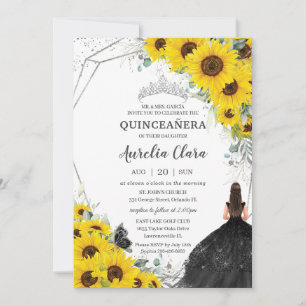 Quinceañera Sunflower Floral Silver Black Dress Invitation