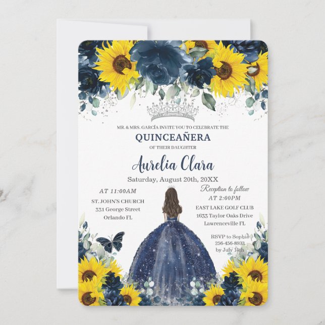 Quinceañera Sunflower Navy Blue Floral Princess Invitation (Front)