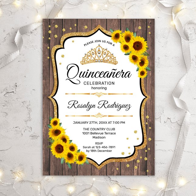 Quinceanera - Sunflowers Rustic Wood White  Invitation (Creator Uploaded)