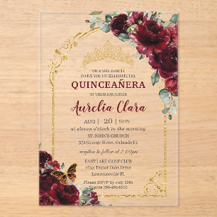 Quinceanera Sweet 15 16 Burgundy Floral Gold Arch Acrylic Invitations