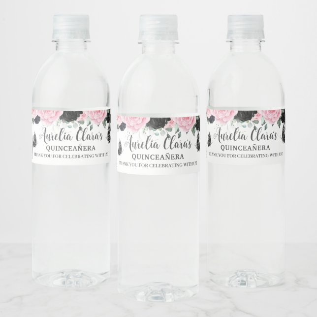 Quinceañera Sweet 16 Birthday Black Pink Floral Water Bottle Label (Bottles)