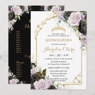 Quinceañera Sweet 16 Black Lilac Floral Padrinos Invitation