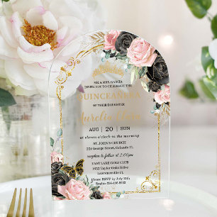 Quinceañera Sweet 16 Black Pink Floral Gold Arch Acrylic Invitations