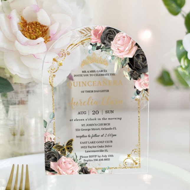 Quinceañera Sweet 16 Black Pink Floral Gold Arch Acrylic Invitations (Creator Uploaded)