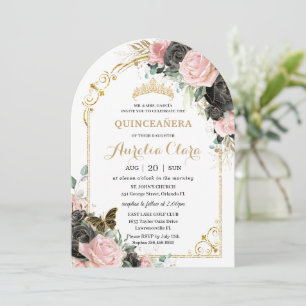 Quinceañera Sweet 16 Black Pink Floral Gold Arch Invitation