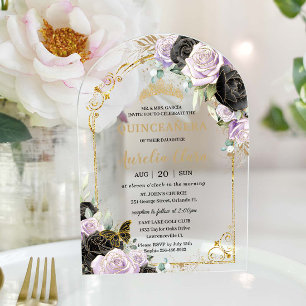 Quinceañera Sweet 16 Black Purple Floral Gold Arch Acrylic Invitations