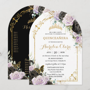 Quinceañera Sweet 16 Black Purple Floral Gold Arch Invitation