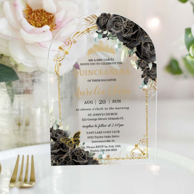 Quinceañera Sweet 16 Black Roses Floral Gold Arch Acrylic Invitations (Creator Uploaded)