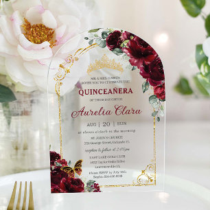 Quinceañera Sweet 16 Burgundy Floral Gold Arch Acrylic Invitations