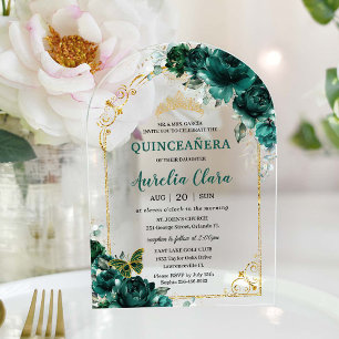 Quinceañera Sweet 16 Emerald Green Floral Gold  Acrylic Invitations