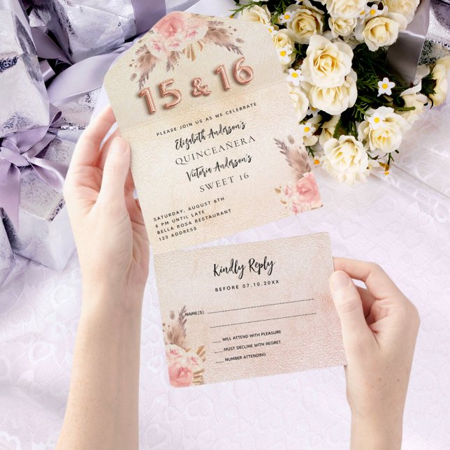 Quinceanera Sweet 16 pampas rose pink florals RSVP All In One Invitation (Creator Uploaded)