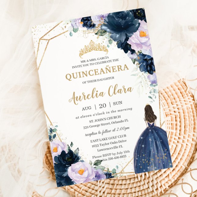 Quinceañera Sweet 16 Purple Lilac Navy Blue Floral Invitation (Creator Uploaded)