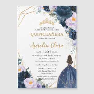 Quinceañera Sweet 16 Purple Lilac Navy Blue Floral Magnetic Invitation