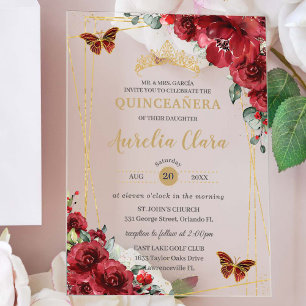 Quinceañera Sweet 16 Red Floral Gold Butterflies Acrylic Invitations