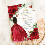 Quinceañera Sweet 16 Red Roses Flowers Brown Girl Invitation<br><div class="desc">Personalise this boho chic vibrant red floral Quinceañera / Sweet 16 birthday invitation easily and quickly. Simply click the customise it further button to edit the texts, change fonts and fonts colours. Featuring bright red roses, butterflies and a girl dressed in a glittery red ball gown. Matching items available in...</div>