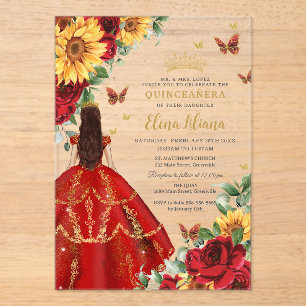 Quinceañera Sweet 16 Red Roses Sunflowers Floral Acrylic Invitations