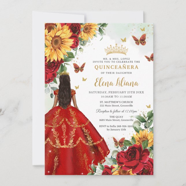 Quinceañera Sweet 16 Red Roses Sunflowers Floral Invitation (Front)