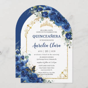 Quinceañera Sweet 16 Royal Blue Floral Arch Invitation