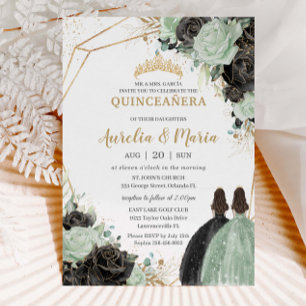 Quinceañera Sweet 16 Sage Green Black Floral Twins Invitation