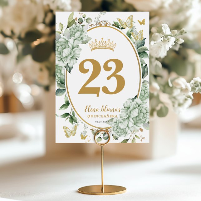 Quinceanera Sweet 16 Sage Green Floral Butterflies Table Number (Creator Uploaded)