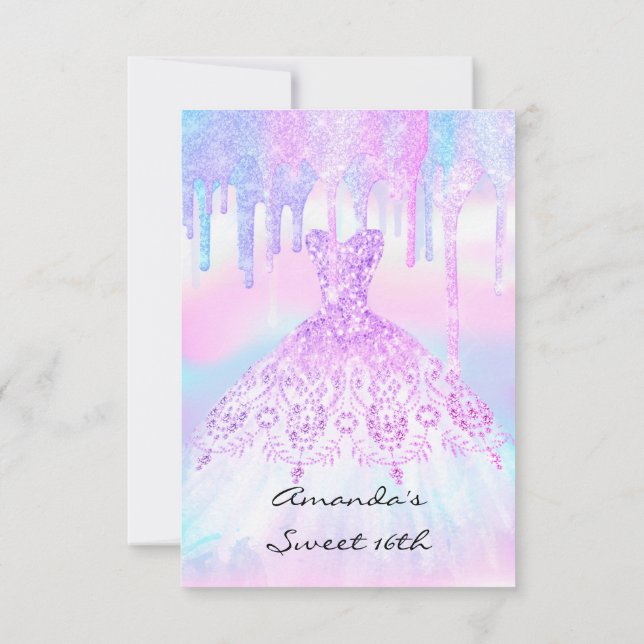 Quinceanera Sweet 16th Unicorn  Holographic Dress Invitation (Back)