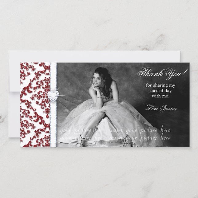 Quinceanera Sweet Sixteen Glitter Damask Thank You Card (Front)