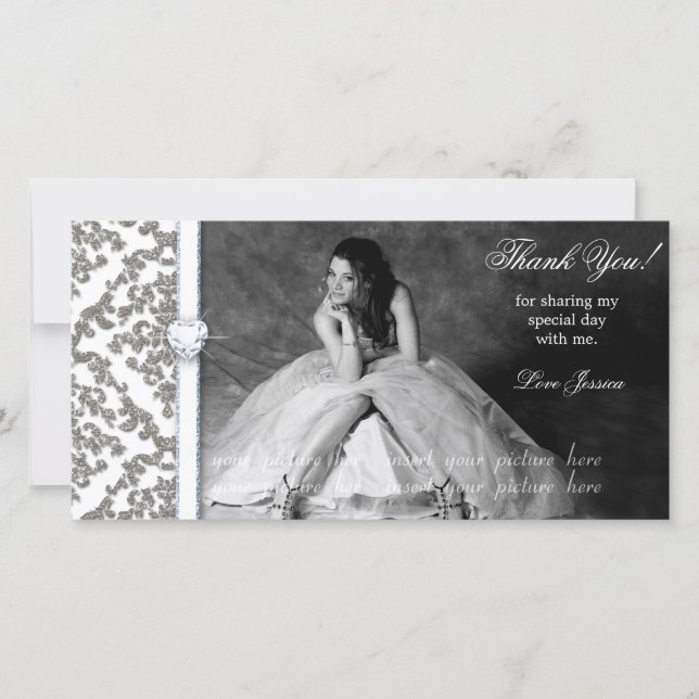 Quinceanera Sweet Sixteen Glitter Damask Thank You Card (Front)