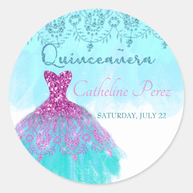 quinceanera teal 15th birthday favour classic round sticker (Front)
