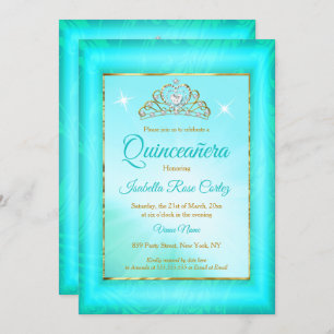 Quinceanera Teal blue Damask Gold Tiara photo Invitation