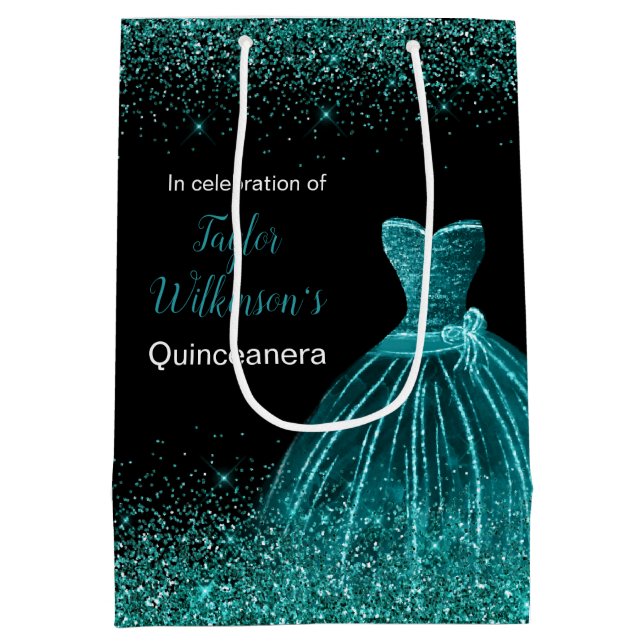 Quinceanera Teal Blue Dress Faux Glitter Medium Gift Bag (Back)